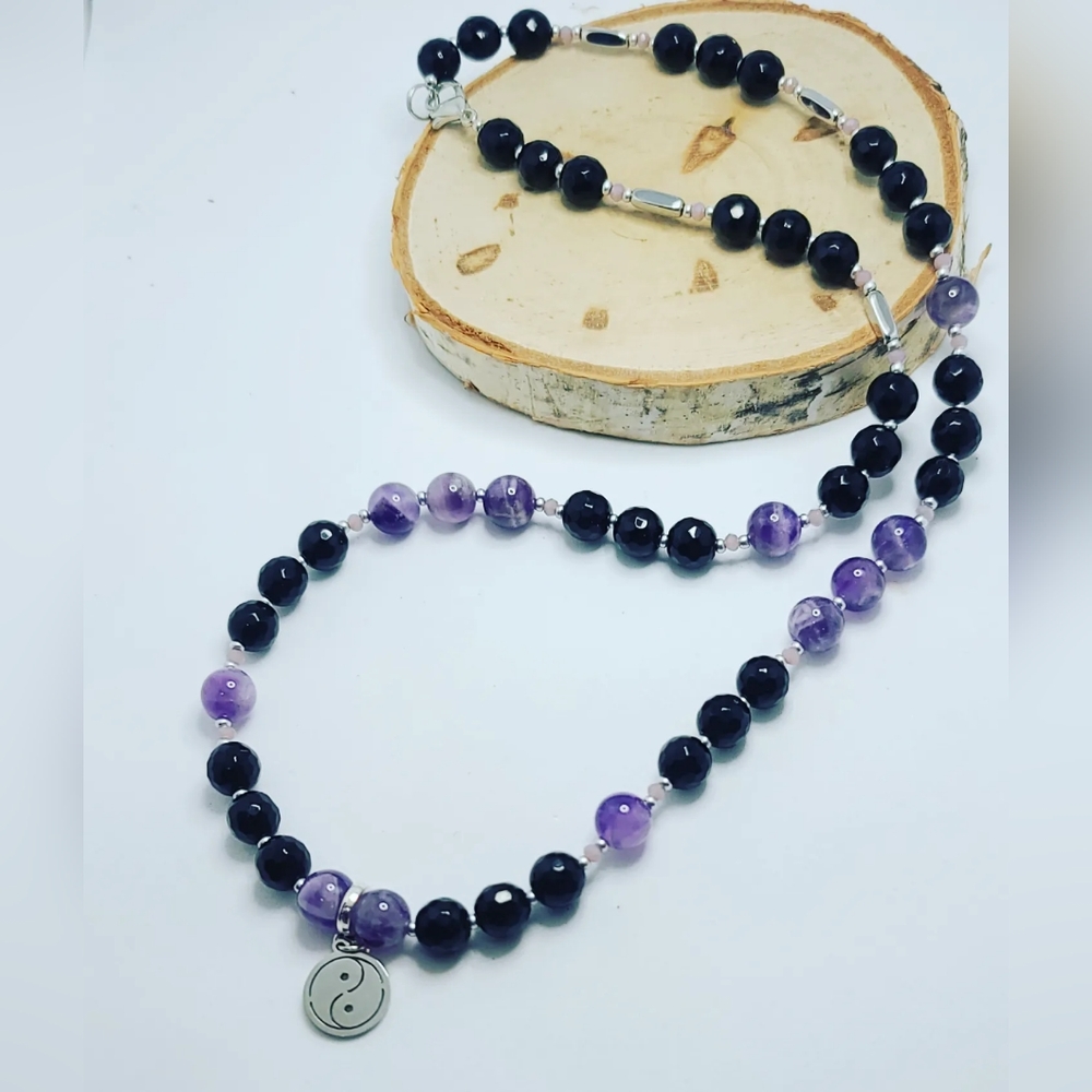 Amethyst, Black Agate,  Ying-yang necklace
